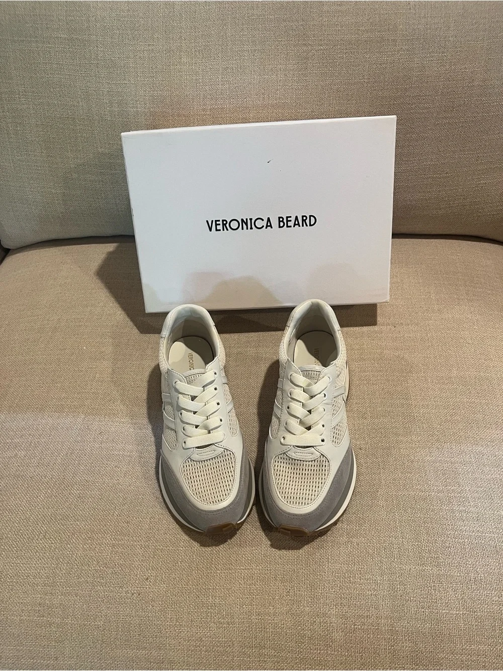 Veronica Beard Valentina Gray and White Mesh Platform Sneakers